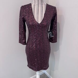 Express Sequin Cocktail Dress Maroon Deep V-Neck Mini Bodycon Party Sz 2 XS NWT
